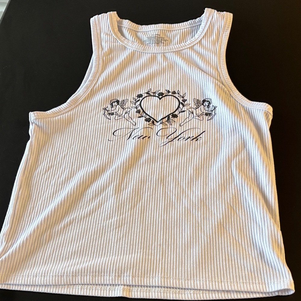 White Ribbed Tank Camisole with Heart Graphic